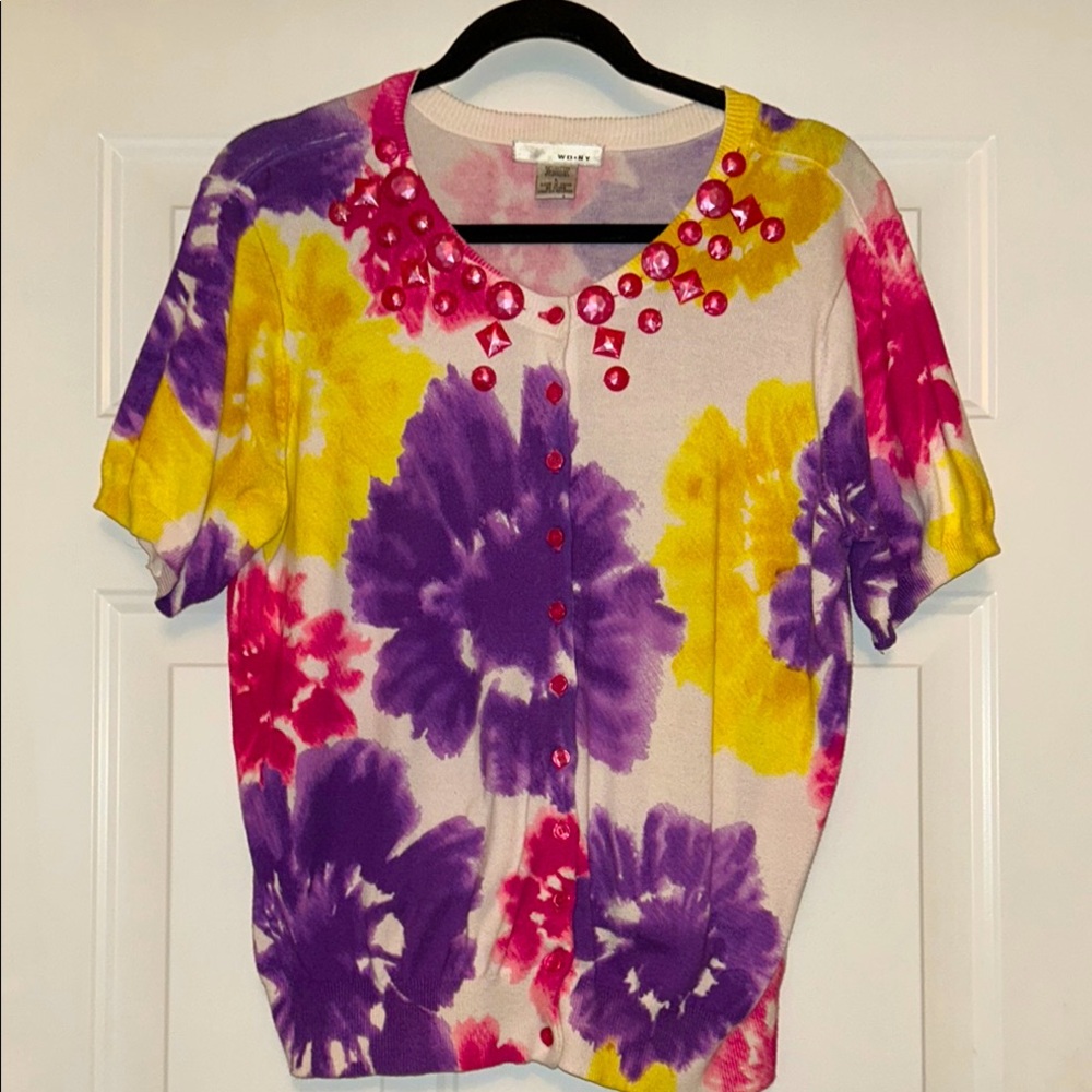 WD NY SS Floral Watercolor Cardigan Sweater L Button Up Beaded Feminine Spring
